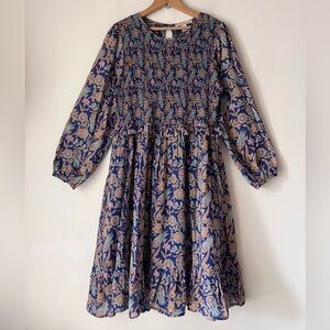 Banjanan Blue Floral Smocked Ruffle Cotton Lined Midi Dress size M